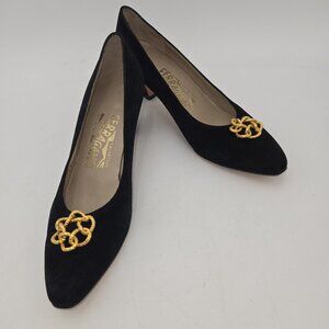 Vintage Salvatore Ferragamo Women Shoes Black Suede Heel Gold Flower 6.5 AA Edie